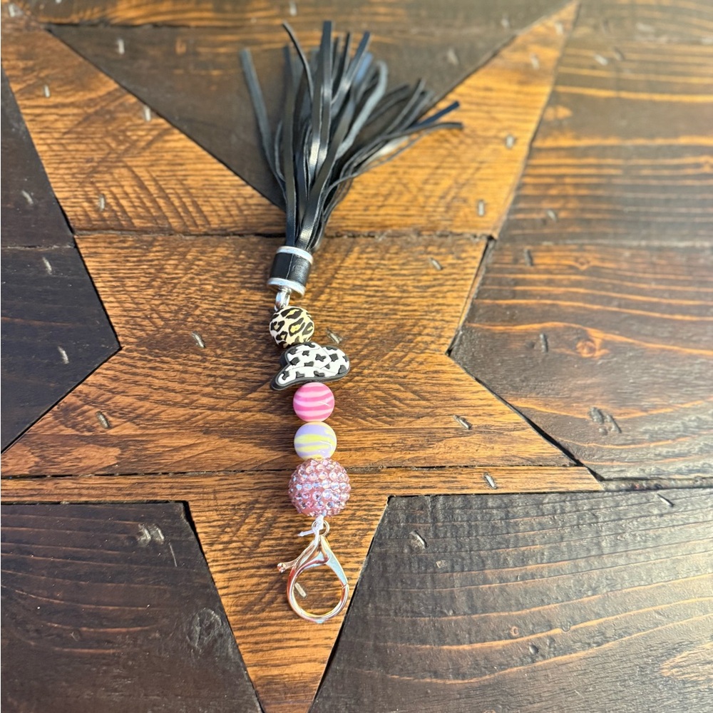 Leopard Print Beaded Keychain with Black Tassel